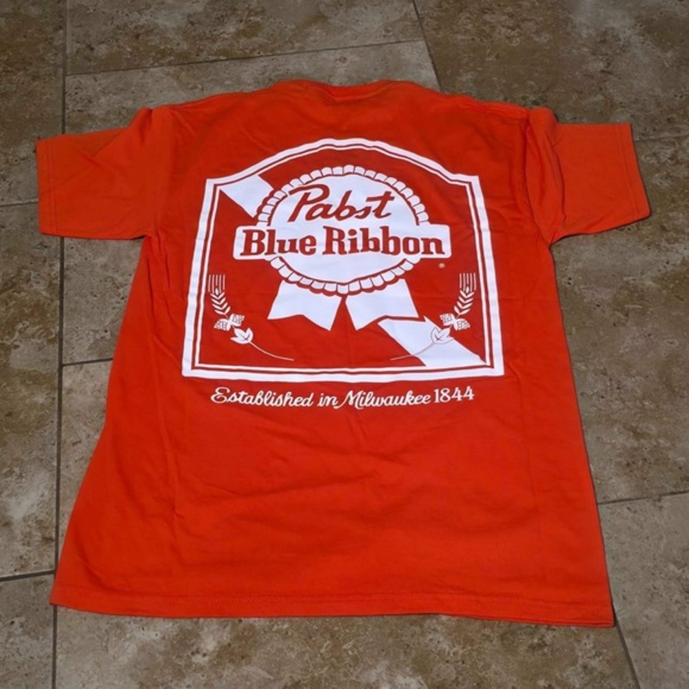 Pabst Blue Ribbon PBR Classic Beer Logo Mens Tee T-Shirt Size Medium Orange NEW